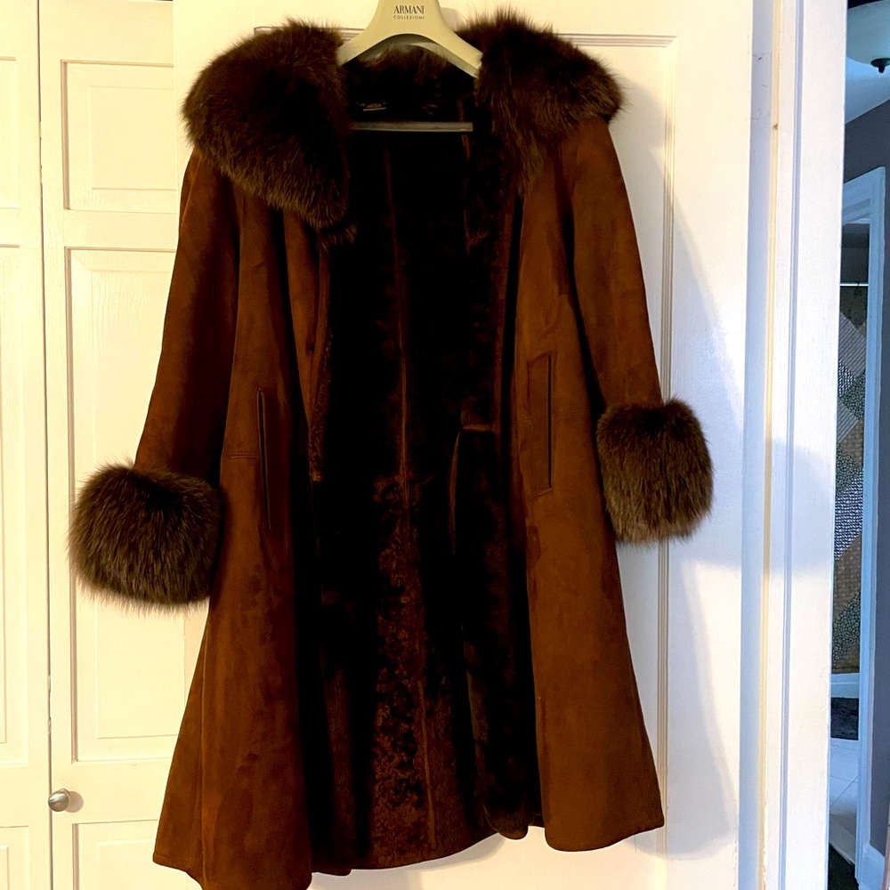Brown Shearling Swing Jacket with Real Fox Fur!!!